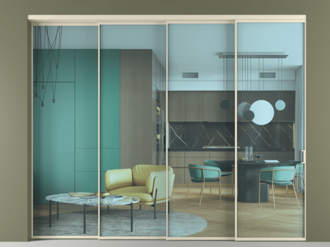 Перегородка Formato внутри проёма 4 створки с синхронным механизмом АЛПР 040.01 Алюминий бежево-серый Прозрачное голубое стекло, триплекс Цена 23300 AZE | Volhovec