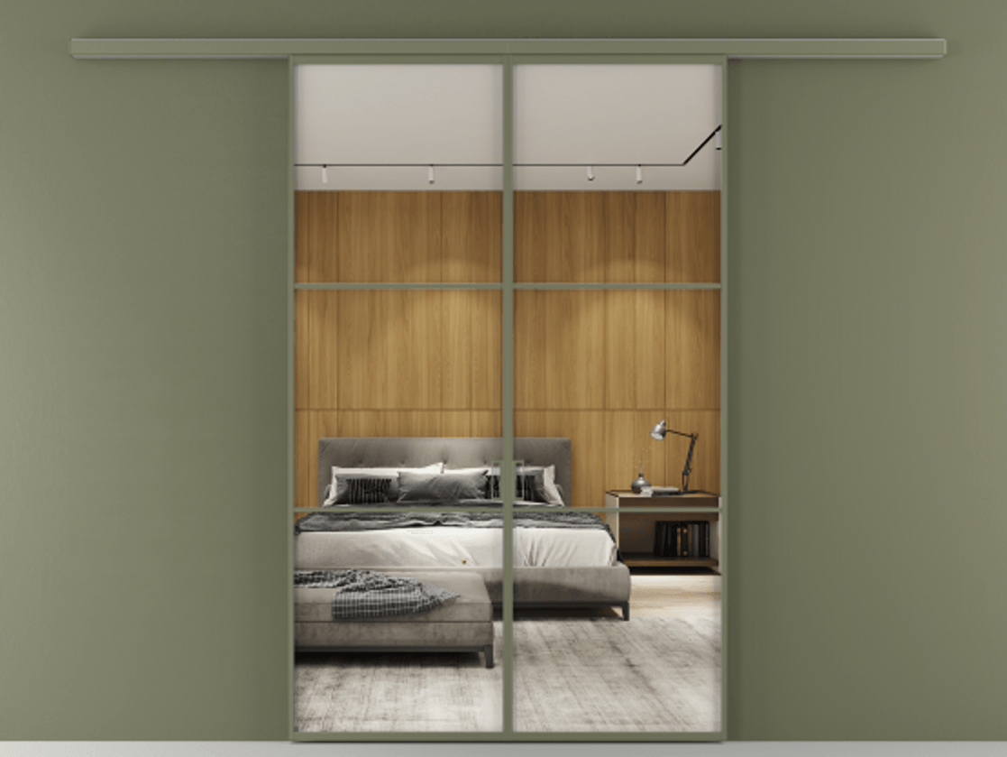 Перегородка Формато вдоль стены 2 створки АЛПР 040.03 Алюминий оливковый тёмный Двустороннее зеркало, триплекс , триплекс 6 мм Цена 10190 AZE | Volhovec