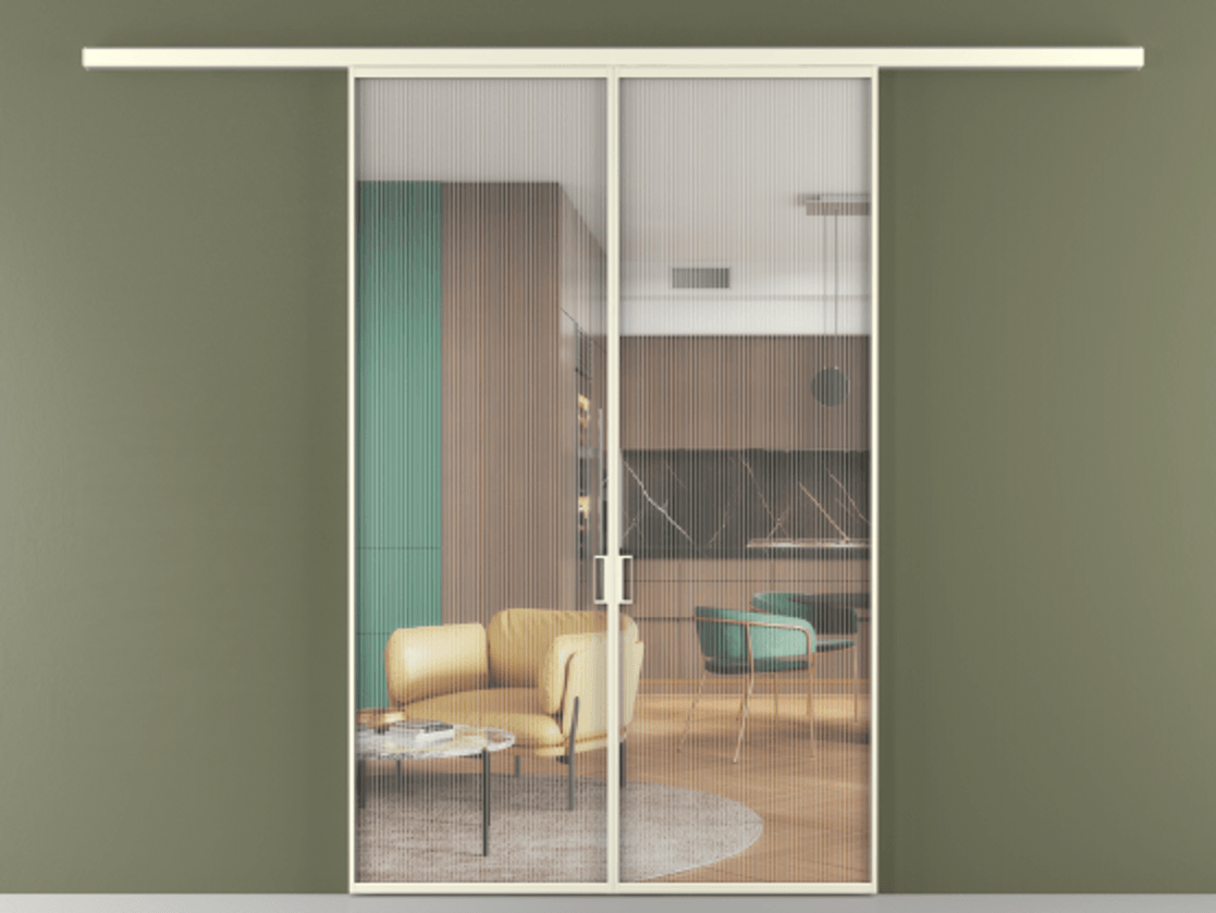 Перегородка Формато вдоль стены 2 створки АЛПР 040.01 Алюминий молочно-белый Рифлёное стекло "Мору", триплекс Цена 10390 AZE | Volhovec