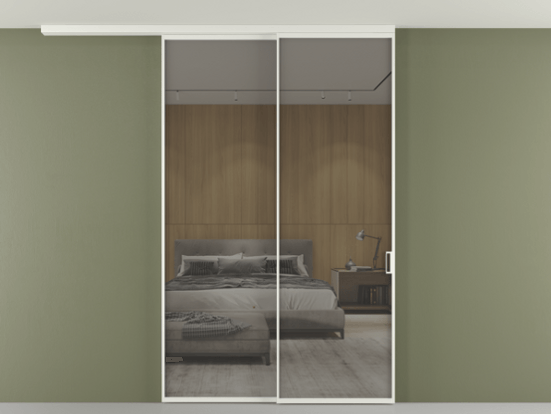 Перегородка Формато вдоль стены на потолок 2 створки с синхронным механизмом АЛПР 040.01 Алюминий светло-серый Рефлективное серое стекло "Стопсол", калёное Цена 16430 AZE | Volhovec