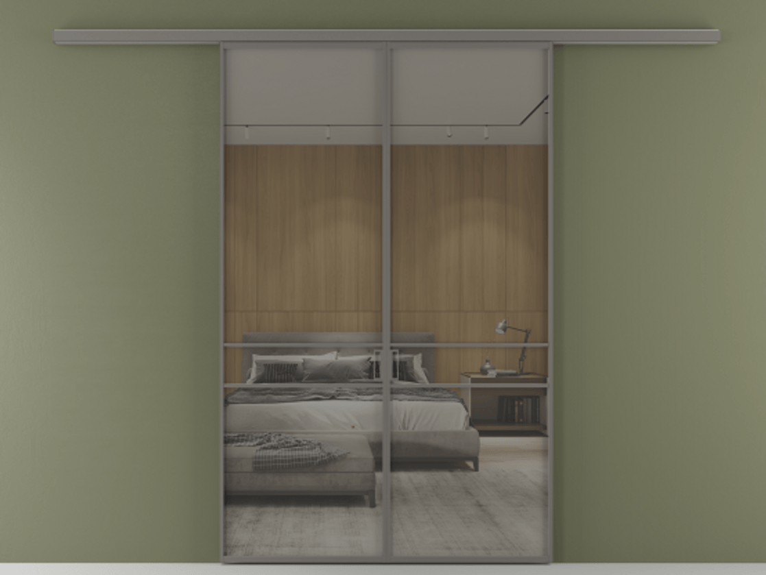 Перегородка Формато вдоль стены 2 створки АЛПР 040.02 Алюминий классический серый Рефлективное серое стекло "Стопсол", калёное Цена 12980 AZE | Volhovec