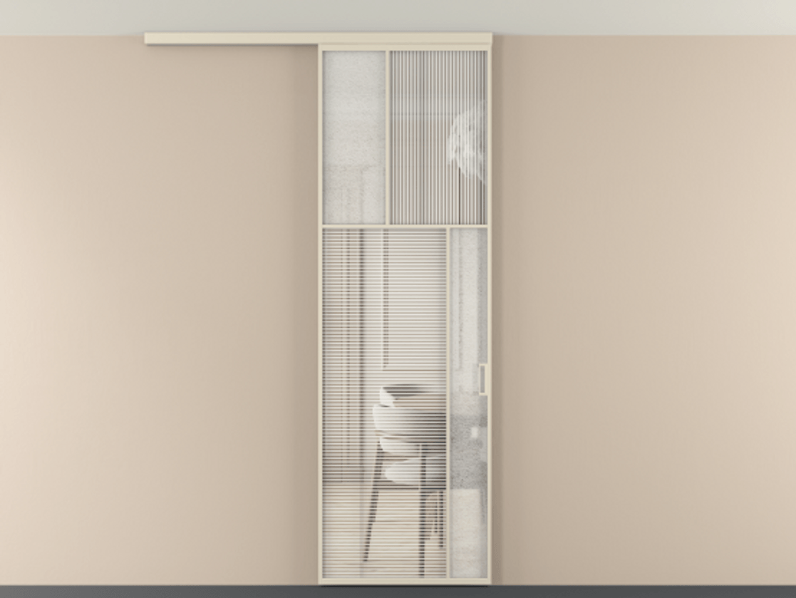 Перегородка Мозаик вдоль стены на потолок 1 створка АЛПР 041.23 Алюминий бежево-серый Рифлёное стекло "Дюна", триплекс, 6 мм + Фактурное стекло "Лёд", триплекс Цена 7460 AZE | Volhovec