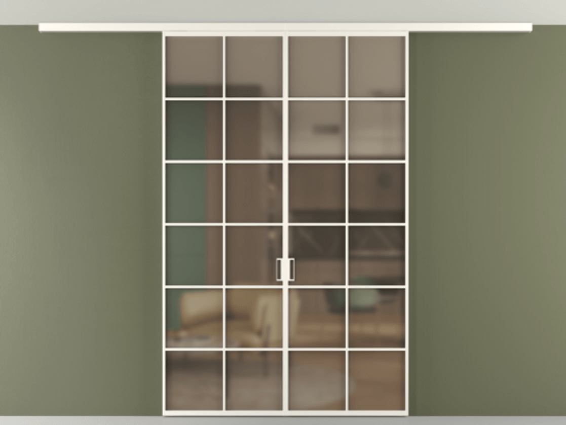 Перегородка Формато вдоль стены на потолок 2 створки АЛПР 040.05 Алюминий пудровый белый Сатинированное бронзовое стекло, триплекс Цена 12770 AZE | Volhovec