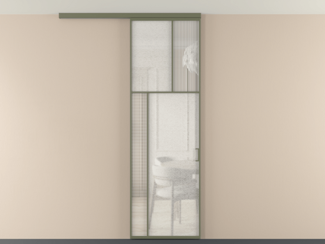 Перегородка Мозаик вдоль стены на потолок 1 створка АЛПР 041.22 Алюминий оливковый тёмный Рифлёное стекло "Дюна", триплекс, 6 мм + Фактурное стекло "Лёд", триплекс Цена 7460 AZE | Volhovec