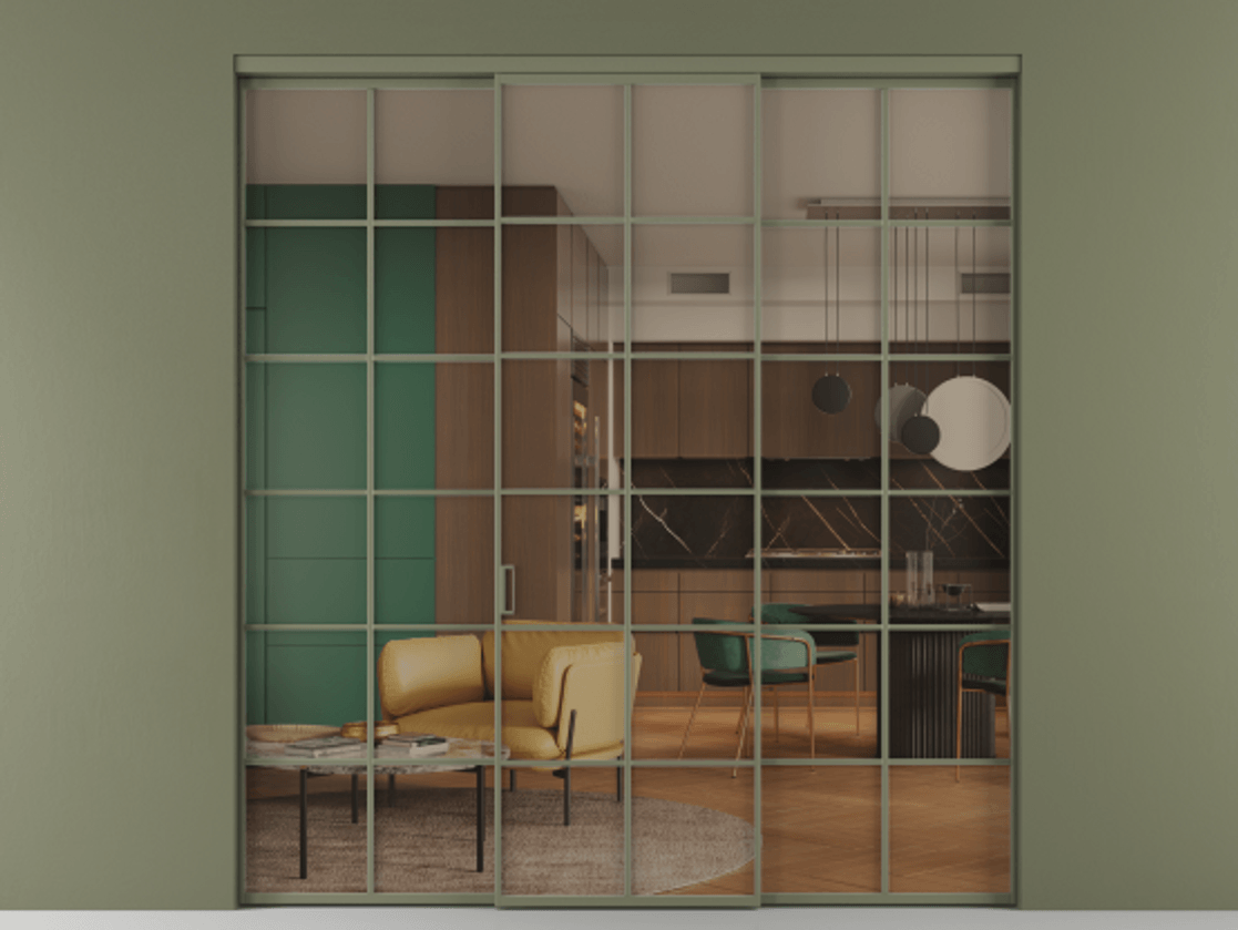 Перегородка Формато внутри проёма 3 створки АЛПР 040.05 Алюминий оливковый тёмный Прозрачное бронзовое стекло, триплекс Цена 13280 AZE | Volhovec