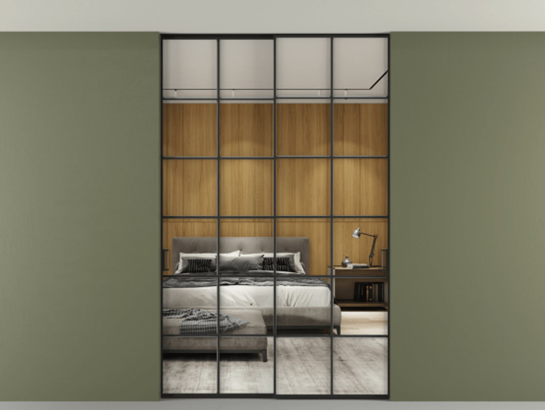 Перегородка Формато внутри проёма скрытое крепление в потолок 2 створки АЛПР 040.05 Алюминий Черный Двустороннее зеркало, триплекс , триплекс 6 мм Цена 1716250 AMD | Volhovec