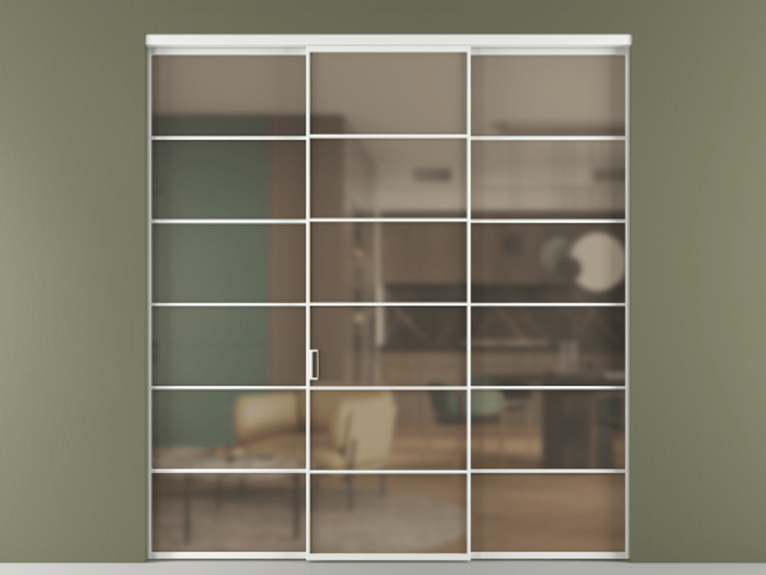 Перегородка Формато внутри проёма 3 створки АЛПР 040.04 Алюминий белоснежный Сатинированное бронзовое стекло, триплекс Цена 13280 AZE | Volhovec