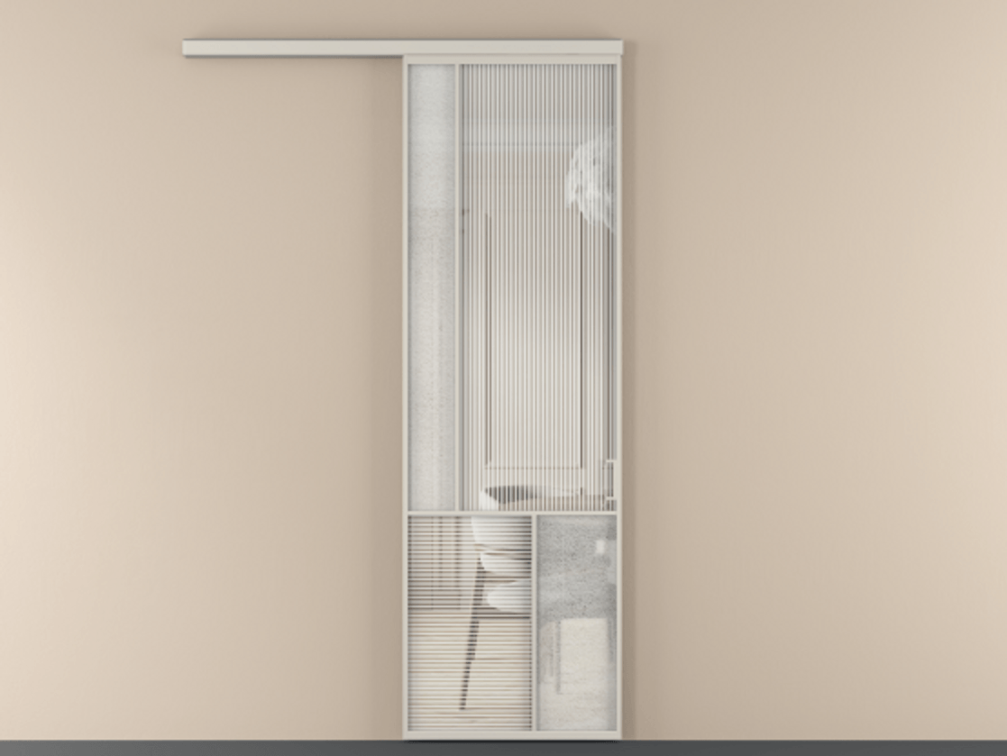 Перегородка Mosaic вдоль стены 1 створка АЛПР 041.20 Алюминий облачно-серый Рифлёное стекло "Дюна", триплекс, 6 мм + Фактурное стекло "Лёд", триплекс Цена 7560 AZE | Volhovec