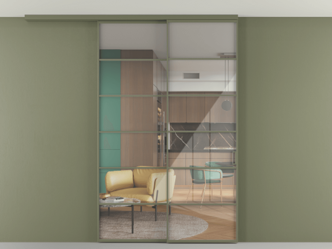 Перегородка Формато вдоль стены на потолок 2 створки с синхронным механизмом АЛПР 040.04 Алюминий оливковый тёмный Рефлективное прозрачное стекло "Стопсол", калёное Цена 15870 AZE | Volhovec