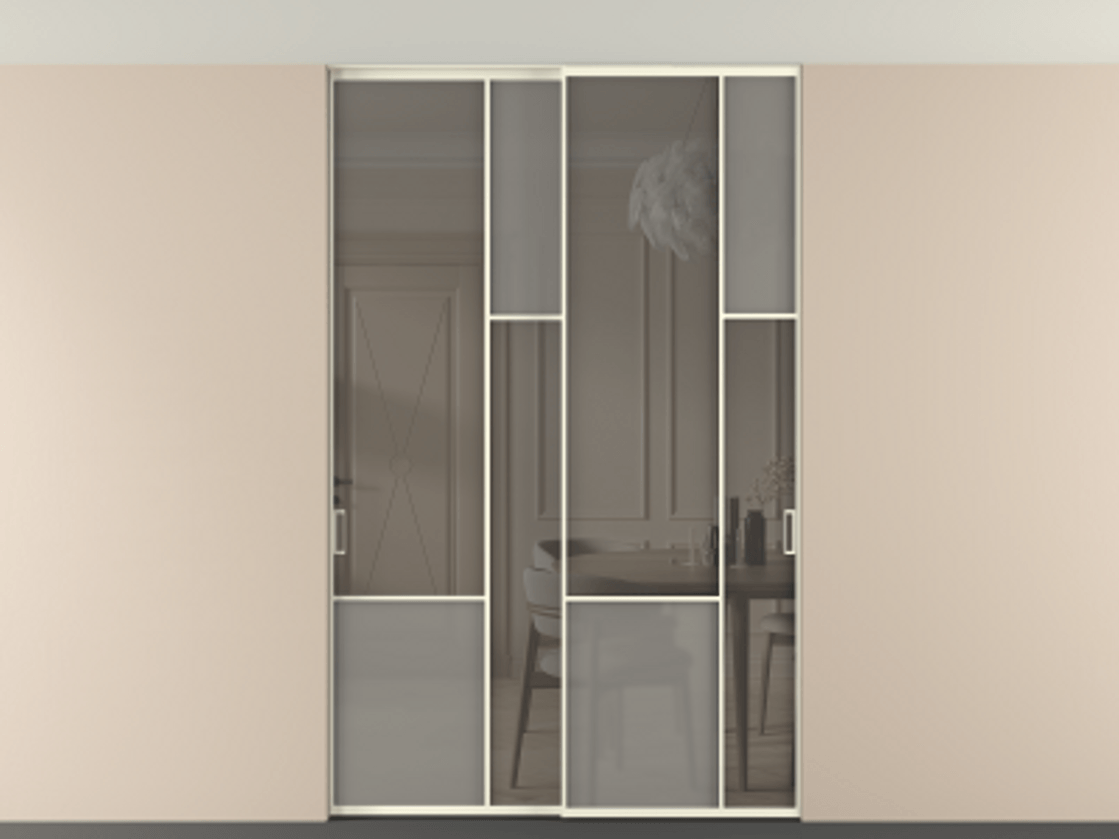 Перегородка Мозаик внутри проёма скрытое крепление в потолок 2 створки АЛПР 041.12 Алюминий молочно-белый Сатинированное серое стекло, триплекс, 6 мм + Прозрачное серое стекло, триплекс Цена 16920 AZE | Volhovec