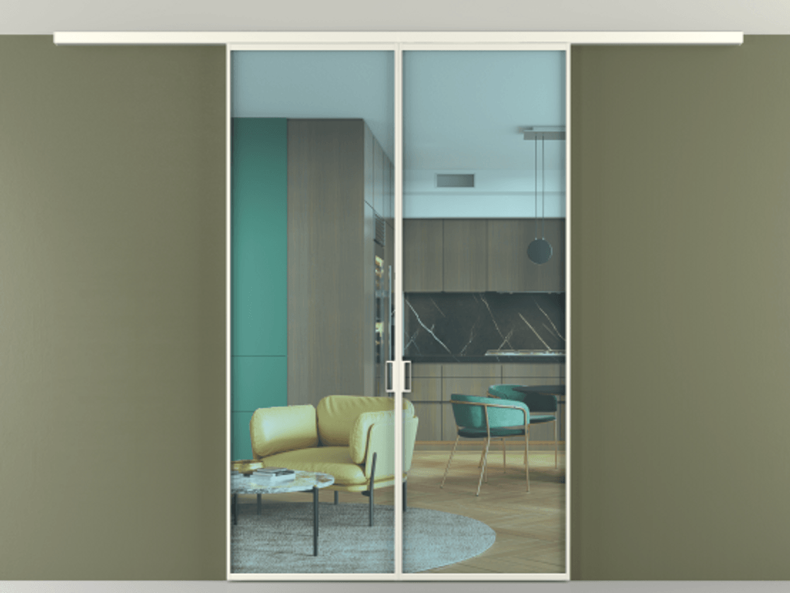 Перегородка Формато вдоль стены на потолок 2 створки АЛПР 040.01 Алюминий жемчужный Прозрачное голубое стекло, триплекс Цена 9300 AZE | Volhovec