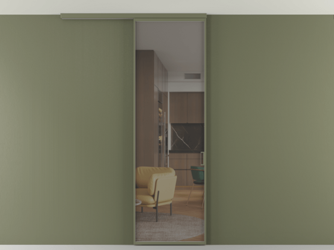 Перегородка Formato вдоль стены на потолок 1 створка АЛПР 040.01 Алюминий оливковый тёмный Прозрачное серое стекло, триплекс Цена 4820 AZE | Volhovec