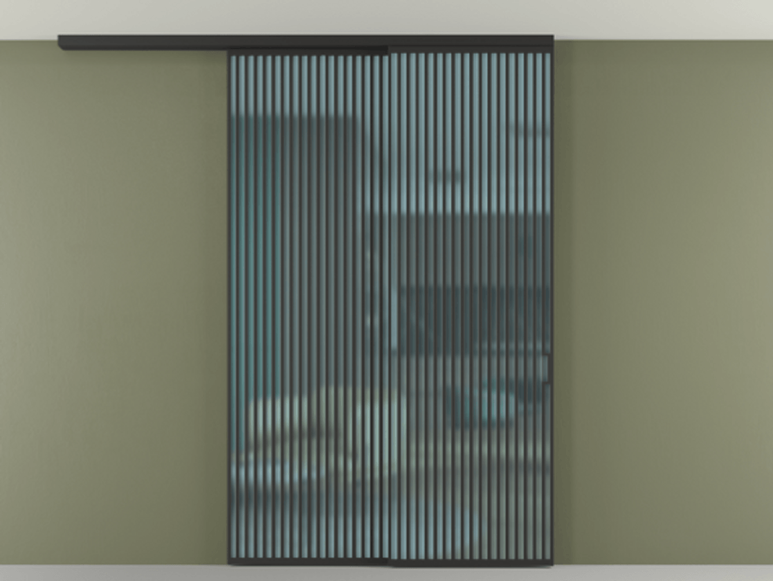 Перегородка Formato вдоль стены на потолок 2 створки с синхронным механизмом АЛПР 040.06 Алюминий Черный Сатинированное голубое стекло, триплекс Цена 21400 AZE | Volhovec