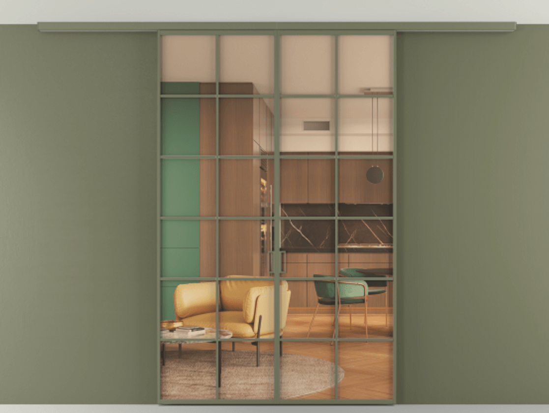 Перегородка Formato вдоль стены на потолок 2 створки АЛПР 040.05 Алюминий оливковый тёмный Прозрачное оранжевое стекло, триплекс Цена 10900 AZE | Volhovec