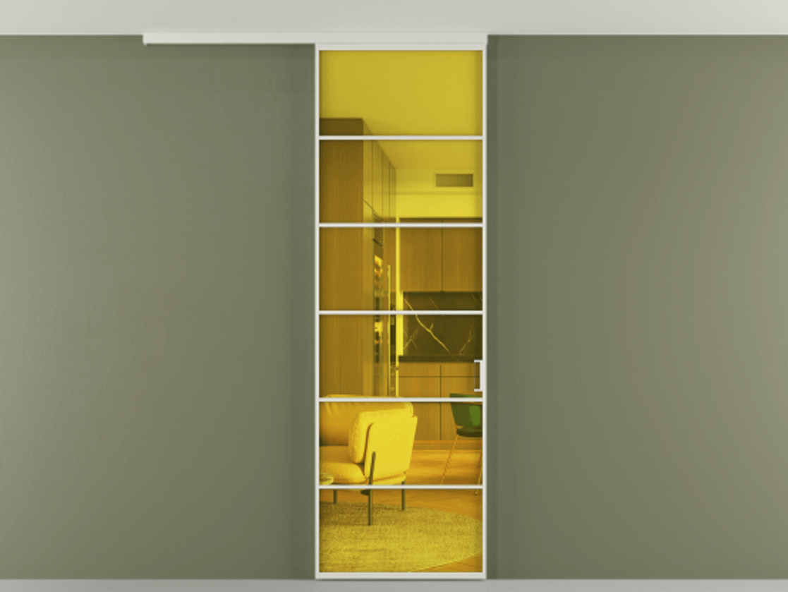 Перегородка Формато вдоль стены на потолок 1 створка АЛПР 040.04 Алюминий Белый Прозрачное жёлтое стекло, триплекс Цена 5200 AZE | Volhovec