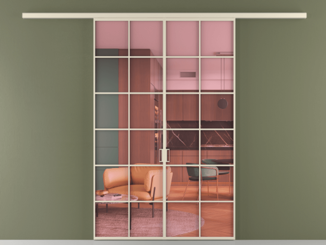 Перегородка Формато вдоль стены 2 створки АЛПР 040.05 Алюминий бежево-серый Прозрачное розовое стекло, триплекс Цена 10800 AZE | Volhovec