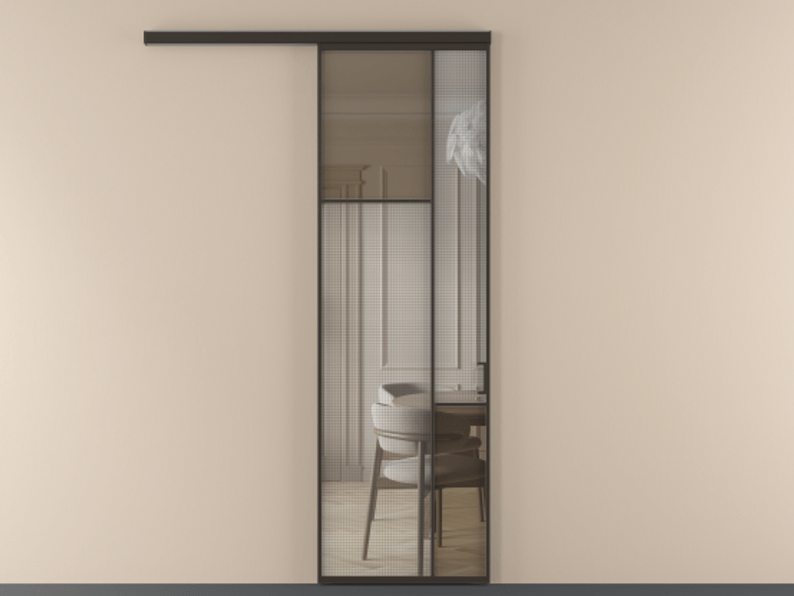 Перегородка Mosaic вдоль стены 1 створка АЛПР 041.10 Алюминий антрацит Декоративное стекло с сеткой "Mesh silver", триплекс, 6 мм + Прозрачное бронзовое стекло, триплекс Цена 7460 AZE | Volhovec