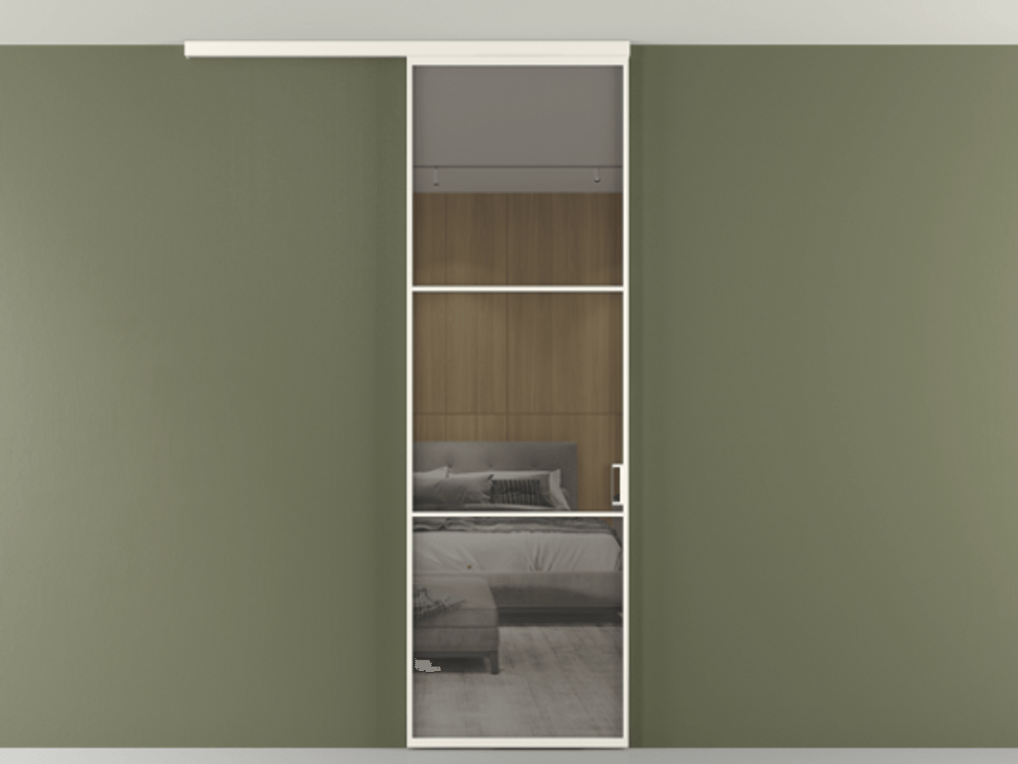 Перегородка Формато вдоль стены на потолок 1 створка АЛПР 040.03 Алюминий пудровый белый Рефлективное серое стекло "Стопсол", калёное Цена 6540 AZE | Volhovec