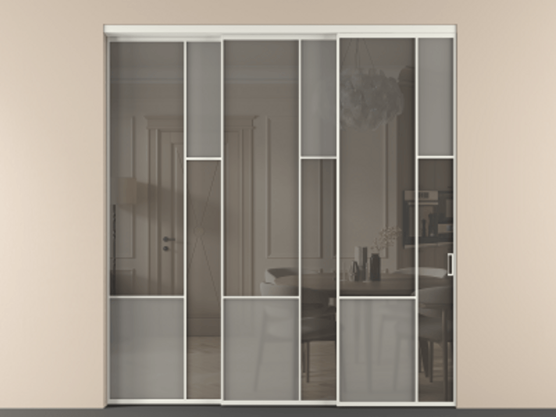 Перегородка Mosaic внутри проёма 3 створки с синхронным механизмом АЛПР 041.12 Алюминий серый Сатинированное серое стекло, триплекс, 6 мм + Прозрачное серое стекло, триплекс Цена 22800 AZE | Volhovec