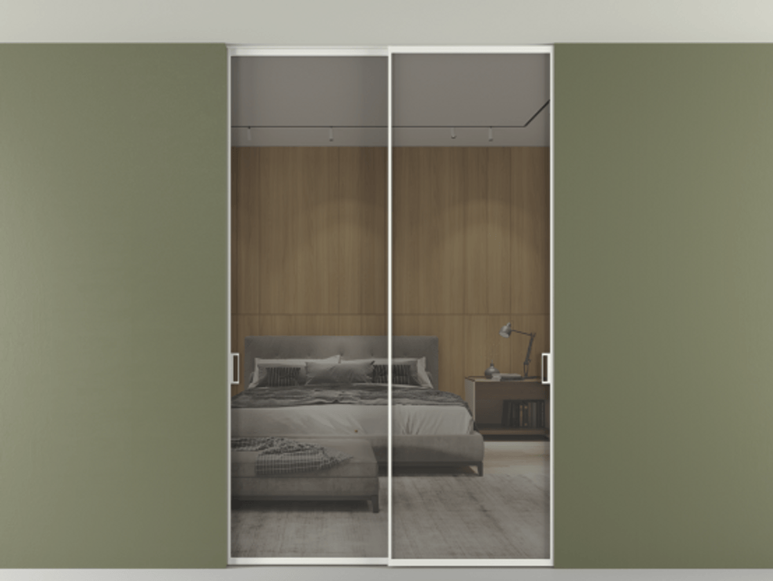 Перегородка Формато внутри проёма скрытое крепление в потолок 2 створки АЛПР 040.01 Алюминий светло-серый Рефлективное серое стекло "Стопсол", калёное Цена 15310 AZE | Volhovec