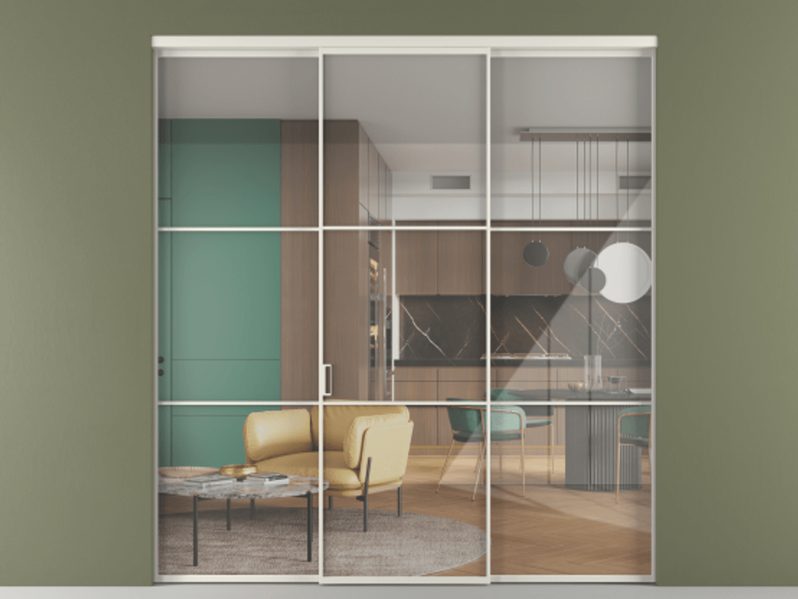 Перегородка Формато внутри проёма 3 створки АЛПР 040.03 Алюминий Белый Рефлективное прозрачное стекло "Стопсол", калёное Цена 15930 AZE | Volhovec