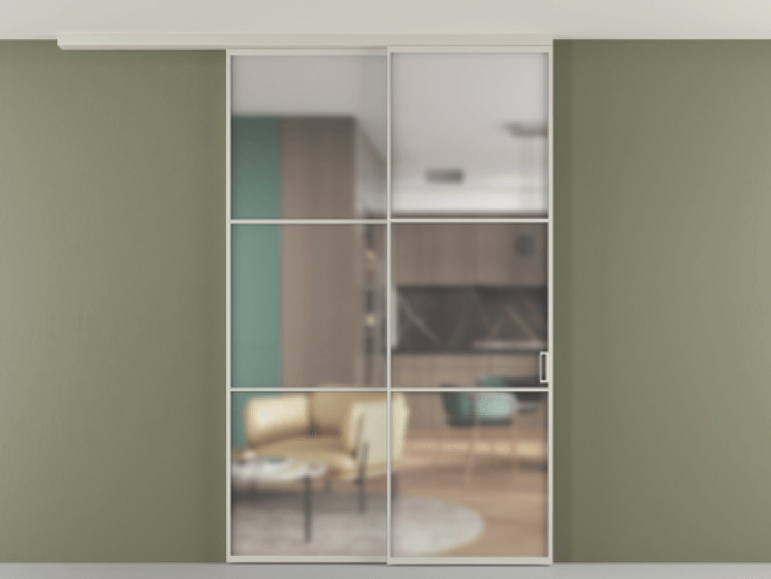 Перегородка Формато вдоль стены на потолок 2 створки с синхронным механизмом АЛПР 040.03 Алюминий тёплый серый Сатинированное стекло "Мателюкс Кристал Вижн", калёное, матовое, каленое 6 мм Цена 17050 AZE | Volhovec