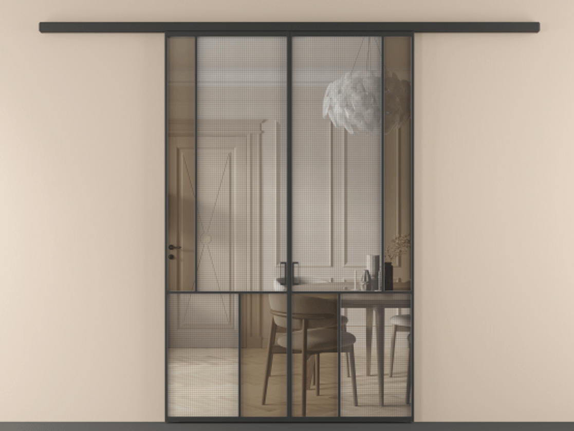 Перегородка Mosaic вдоль стены 2 створки АЛПР 041.21 Алюминий Черный Декоративное стекло с сеткой "Mesh silver", триплекс, 6 мм + Прозрачное бронзовое стекло, триплекс Цена 13870 AZE | Volhovec