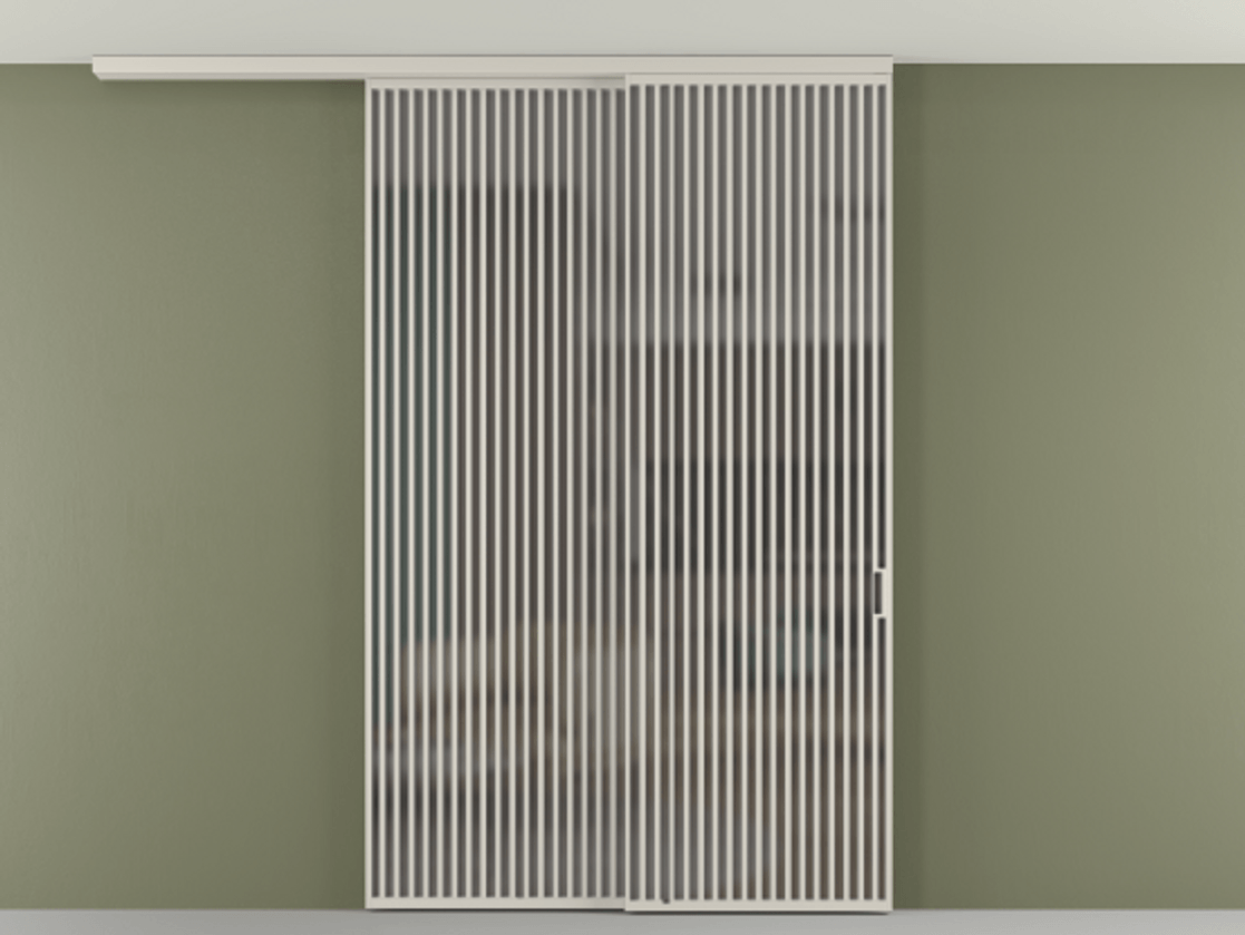 Перегородка Формато вдоль стены на потолок 2 створки с синхронным механизмом АЛПР 040.06 Алюминий облачно-серый Сатинированное серое стекло, триплекс Цена 23480 AZE | Volhovec