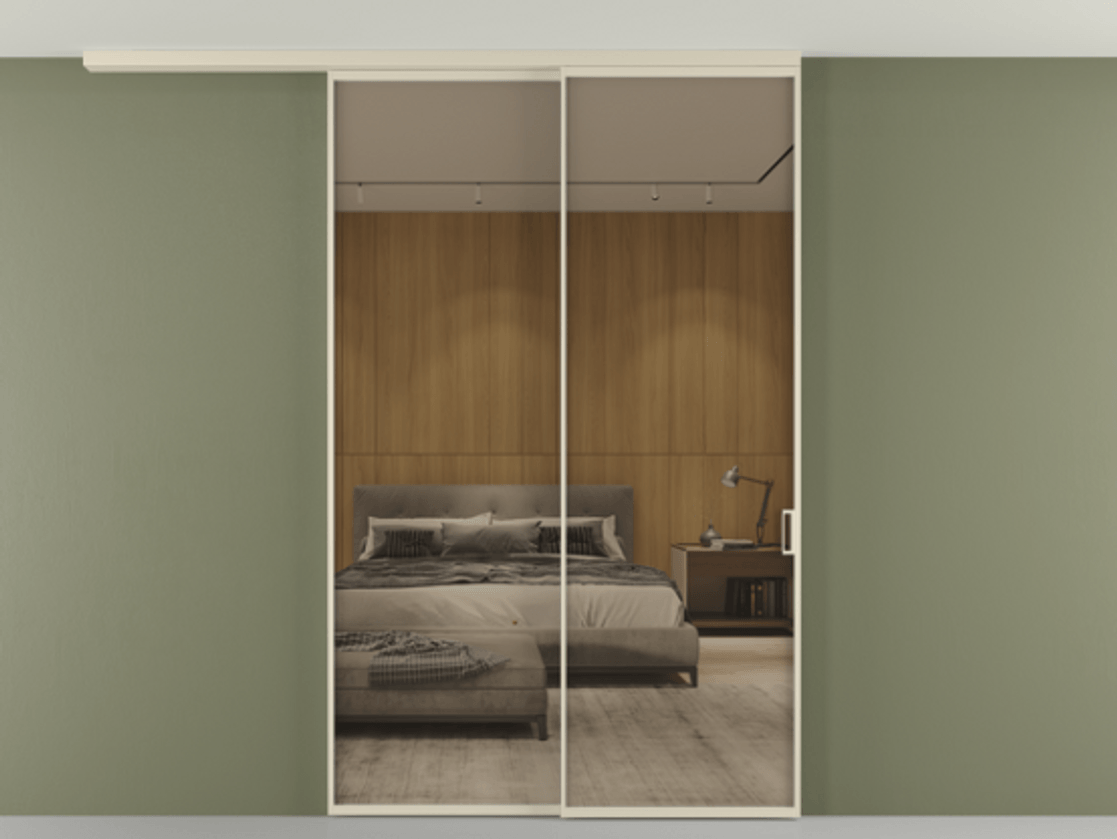 Перегородка Формато вдоль стены на потолок 2 створки с синхронным механизмом АЛПР 040.01 Алюминий бежево-серый Рефлективное бронзовое стекло "Стопсол", калёное Цена 16430 AZE | Volhovec