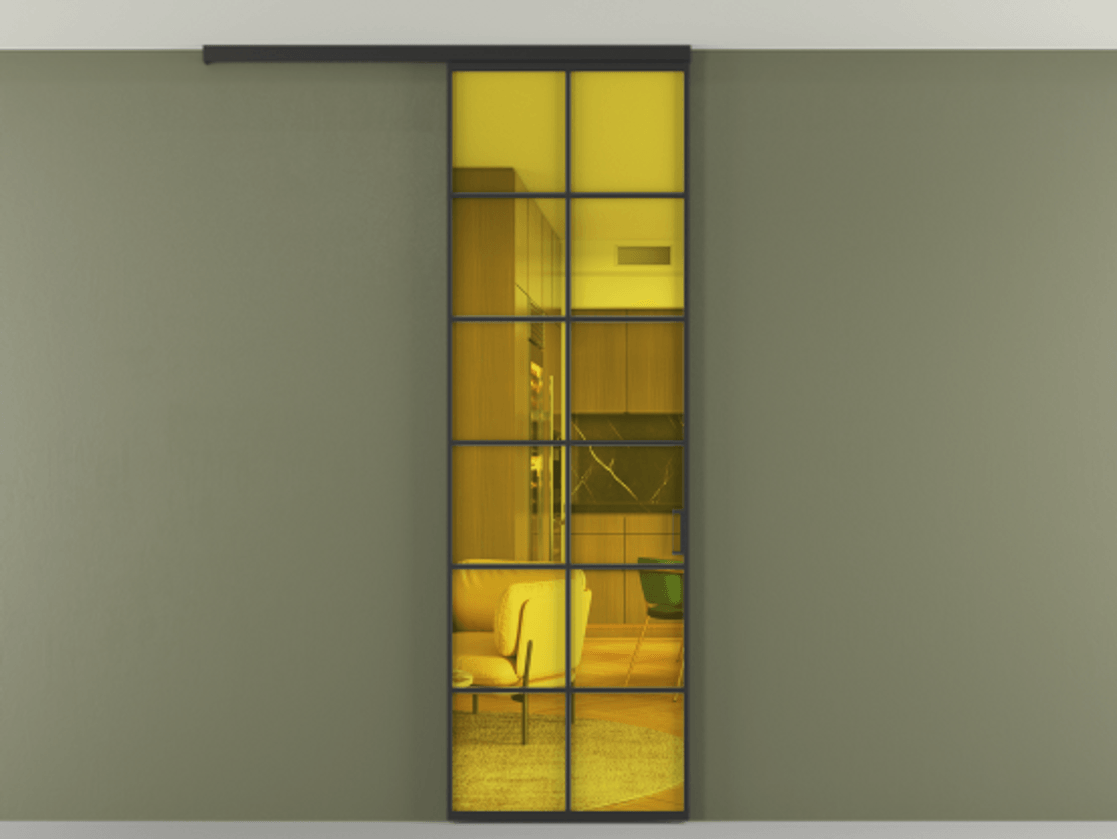 Перегородка Формато вдоль стены на потолок 1 створка АЛПР 040.05 Алюминий Черный Прозрачное жёлтое стекло, триплекс Цена 5200 AZE | Volhovec