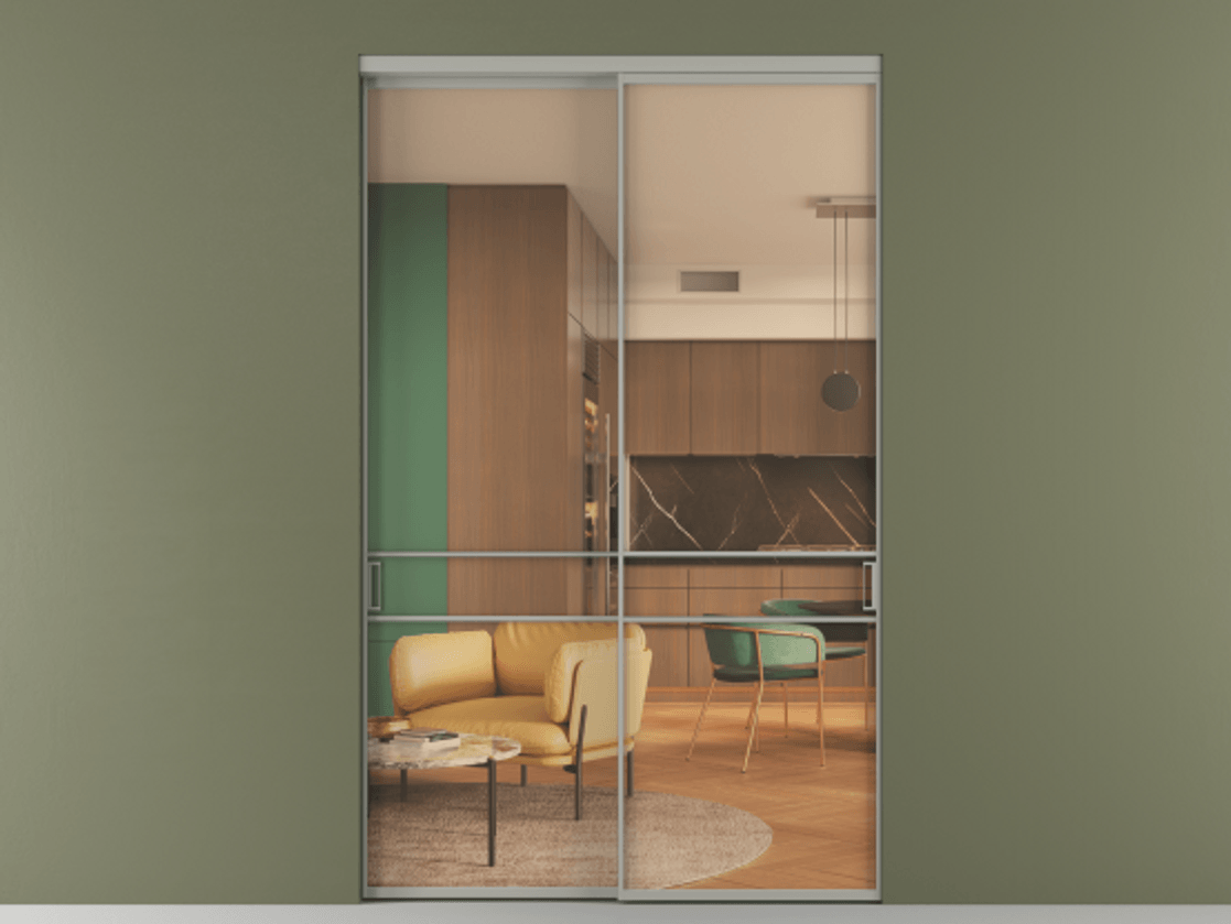 Перегородка Formato внутри проёма 2 створки АЛПР 040.02 Алюминий нейтральный серый Прозрачное оранжевое стекло, триплекс Цена 22500 AZE  | Volhovec