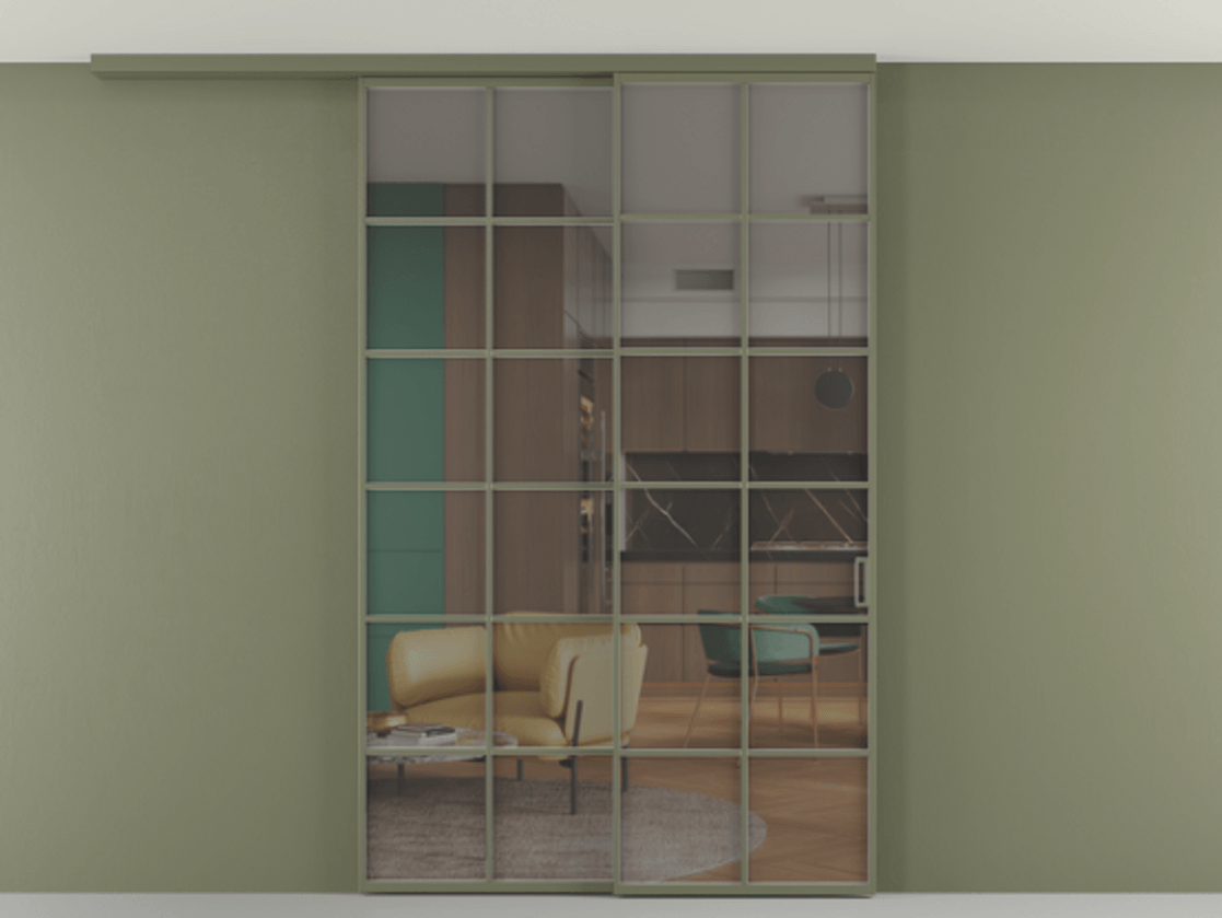 Перегородка Формато вдоль стены на потолок 2 створки с синхронным механизмом АЛПР 040.05 Алюминий оливковый тёмный Прозрачное серое стекло, триплекс Цена 15210 AZE | Volhovec