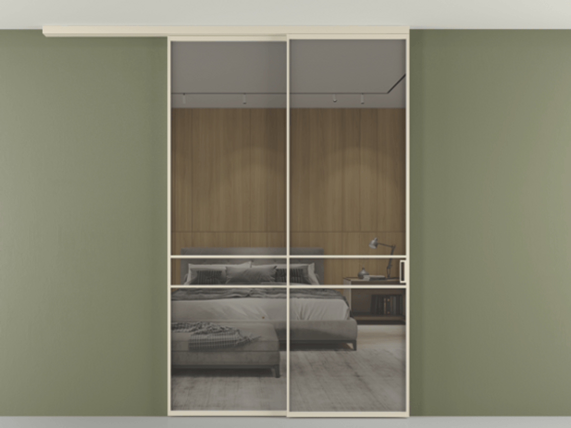 Перегородка Формато вдоль стены на потолок 2 створки с синхронным механизмом АЛПР 040.02 Алюминий бежево-серый Рефлективное серое стекло "Стопсол", калёное Цена 17050 AZE | Volhovec