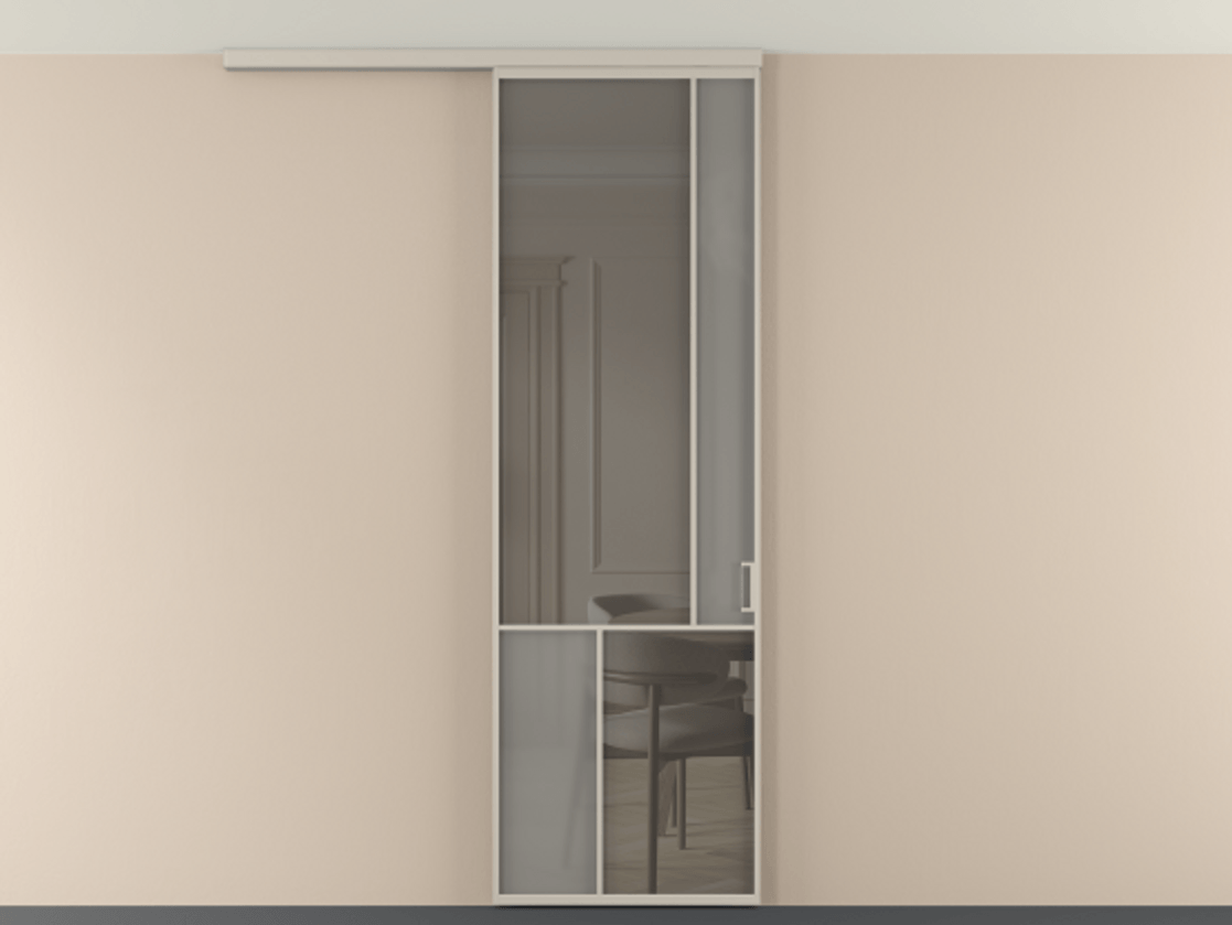 Перегородка Мозаик вдоль стены на потолок 1 створка АЛПР 041.21 Алюминий светло-бежевый Сатинированное серое стекло, триплекс, 6 мм + Прозрачное серое стекло, триплекс Цена 7040 AZE | Volhovec