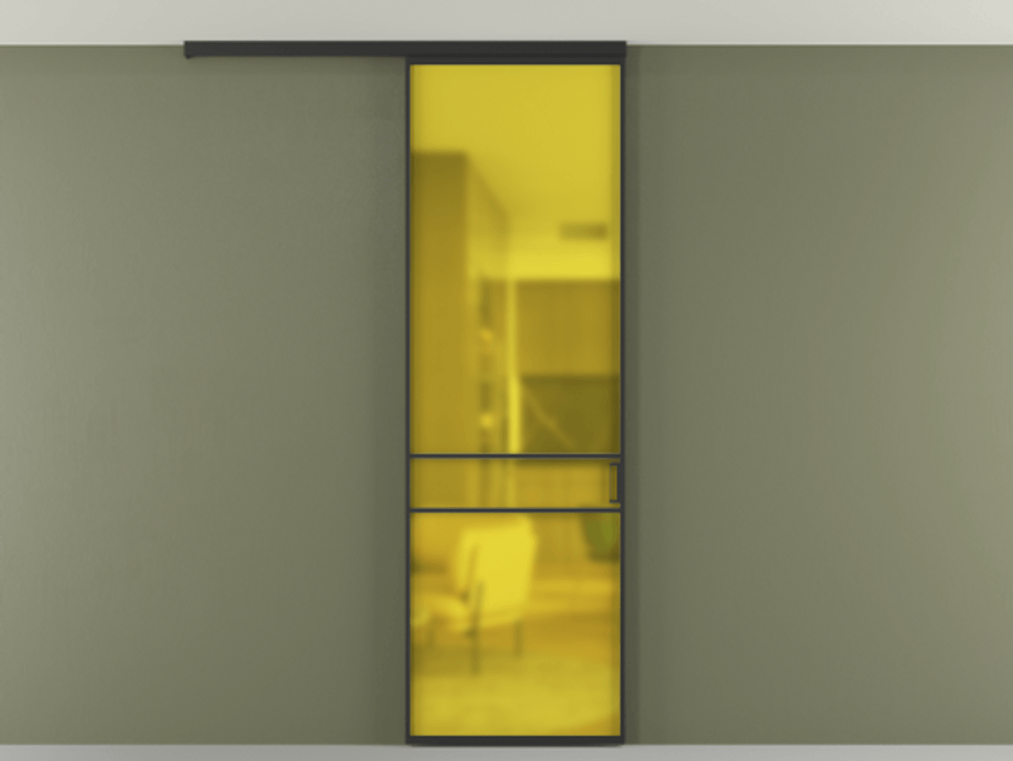 Перегородка Formato вдоль стены на потолок 1 створка АЛПР 040.02 Алюминий Черный Сатинированное жёлтое стекло, триплекс Цена 5100 AZE | Volhovec