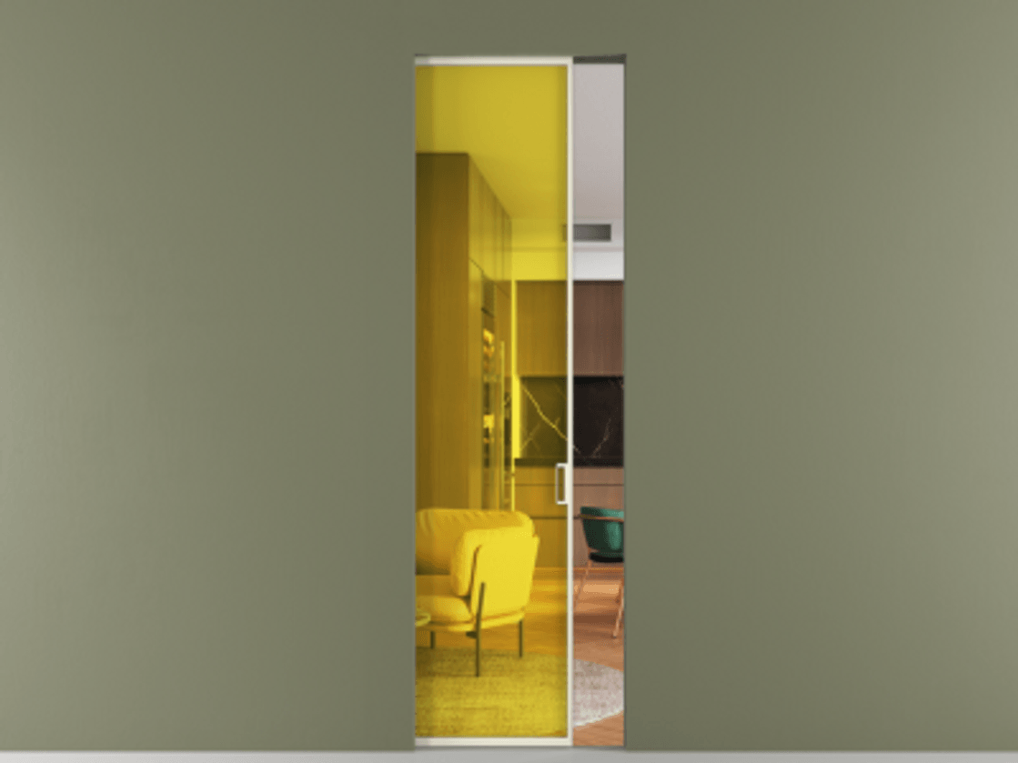 Перегородка Formato скрытый пенал 1 створка АЛПР 040.01 Алюминий молочно-белый Прозрачное жёлтое стекло, триплекс Цена 8600.625 AZE | Volhovec