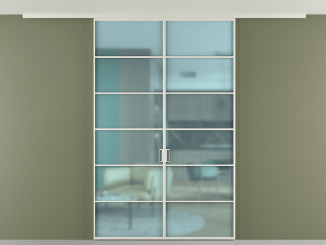 Перегородка Формато вдоль стены на потолок 2 створки АЛПР 040.04 Алюминий Белый Сатинированное голубое стекло, триплекс Цена 10000 AZE | Volhovec