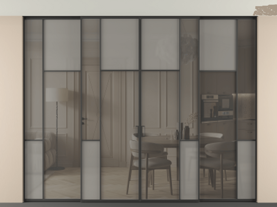 Перегородка Mosaic внутри проёма скрытое крепление в потолок 4 створки АЛПР 041.10 Алюминий Черный Сатинированное серое стекло, триплекс, 6 мм + Прозрачное серое стекло, триплекс Цена 29930 AZE | Volhovec