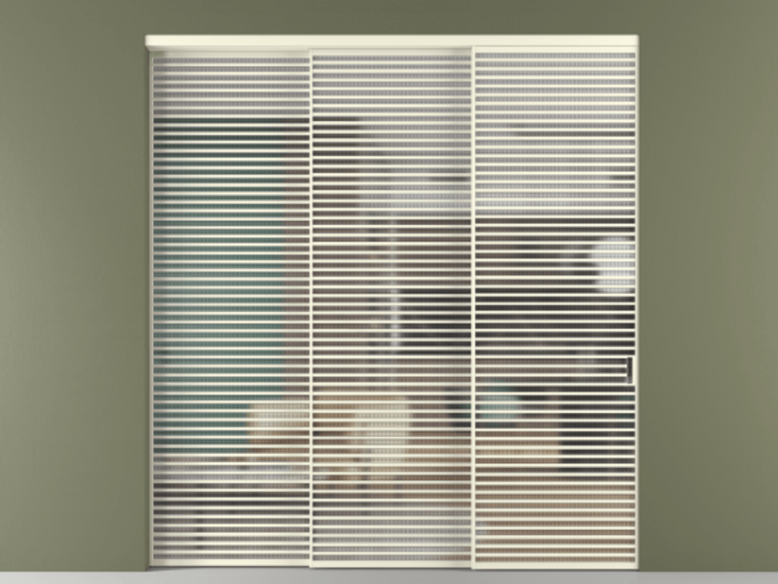 Перегородка Formato внутри проёма телескопик синхро 2 АЛПР 040.07 Алюминий молочно-белый Декоративное стекло с сеткой "Mesh silver", триплекс Цена 31220 AZE  | Volhovec