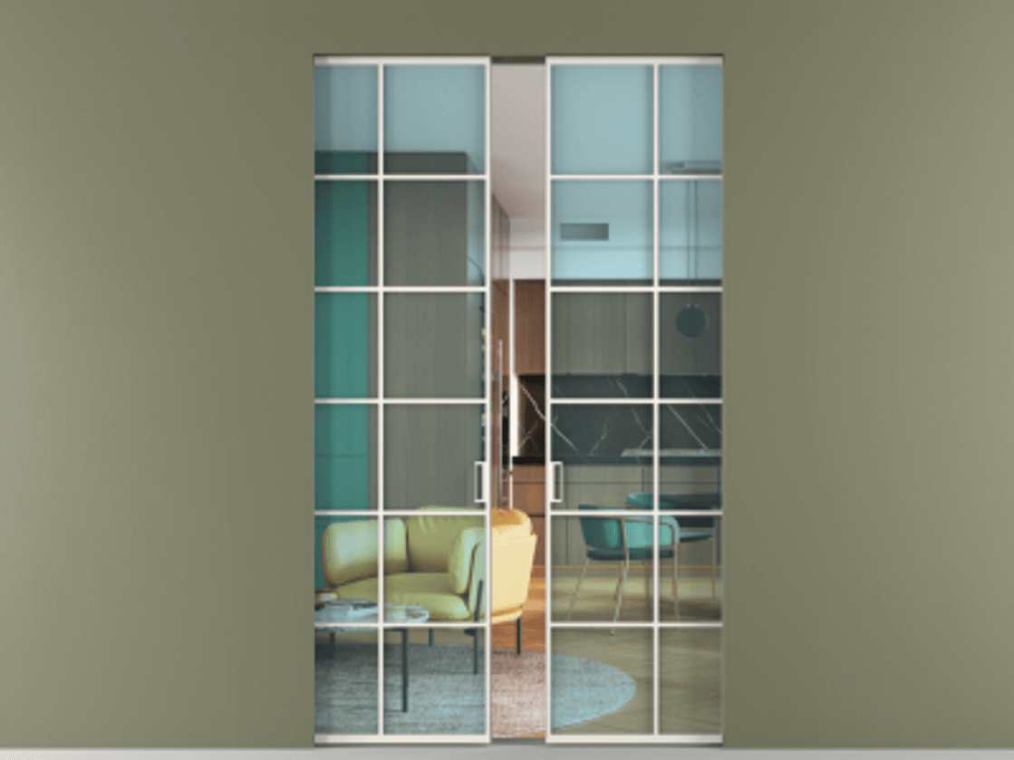 Перегородка Формато скрытый пенал 2 створки АЛПР 040.05 Алюминий пудровый белый Прозрачное голубое стекло, триплекс Цена 15200 AZE | Volhovec