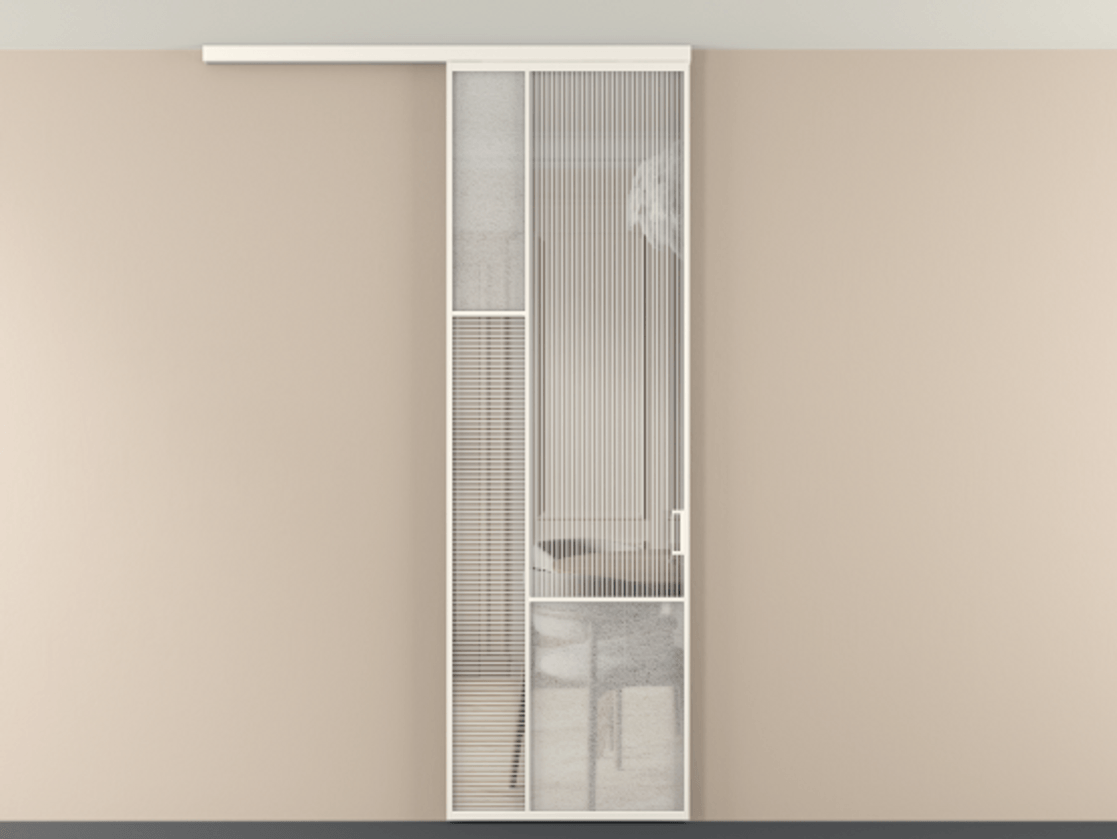 Перегородка Мозаик вдоль стены на потолок 1 створка АЛПР 041.13 Алюминий пудровый белый Рифлёное стекло "Дюна", триплекс, 6 мм + Фактурное стекло "Лёд", триплекс Цена 7460 AZE | Volhovec