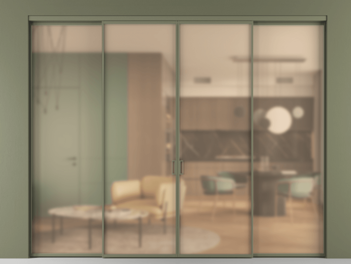 Перегородка Formato внутри проёма 4 створки АЛПР 040.01 Алюминий оливковый тёмный Сатинированное оранжевое стекло, триплекс Цена 16700 AZE  | Volhovec