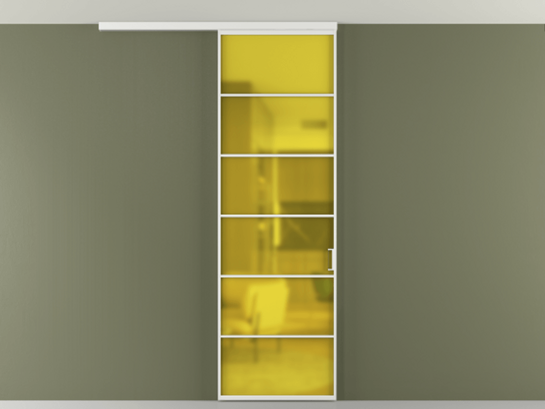 Перегородка Формато вдоль стены на потолок 1 створка АЛПР 040.04 Алюминий белоснежный Сатинированное жёлтое стекло, триплекс Цена 5400 AZE | Volhovec