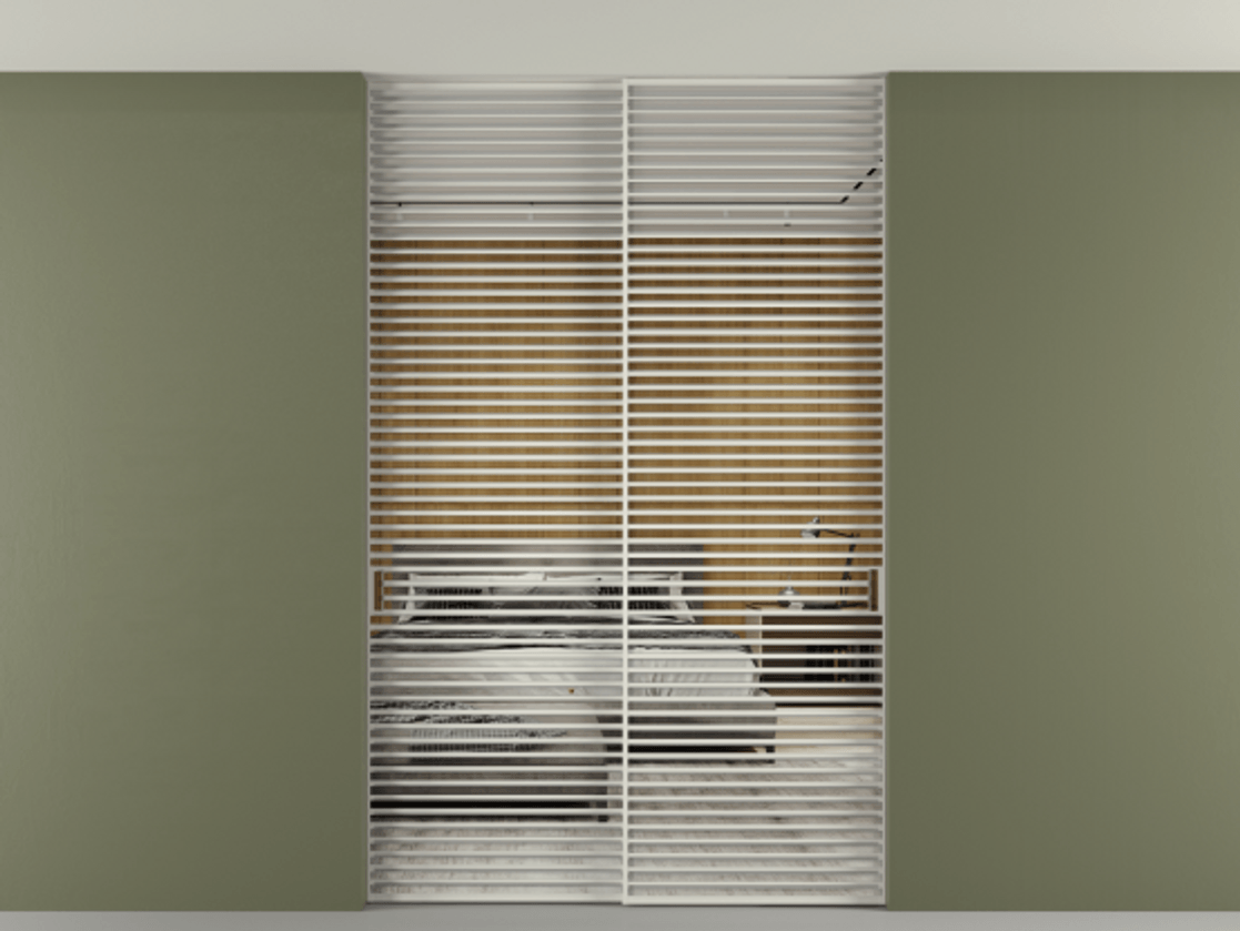 Перегородка Formato внутри проёма скрытое крепление в потолок 2 створки АЛПР 040.07 Алюминий Белый Двустороннее зеркало, триплекс , триплекс 6 мм Цена 435840 ₽ | Volhovec