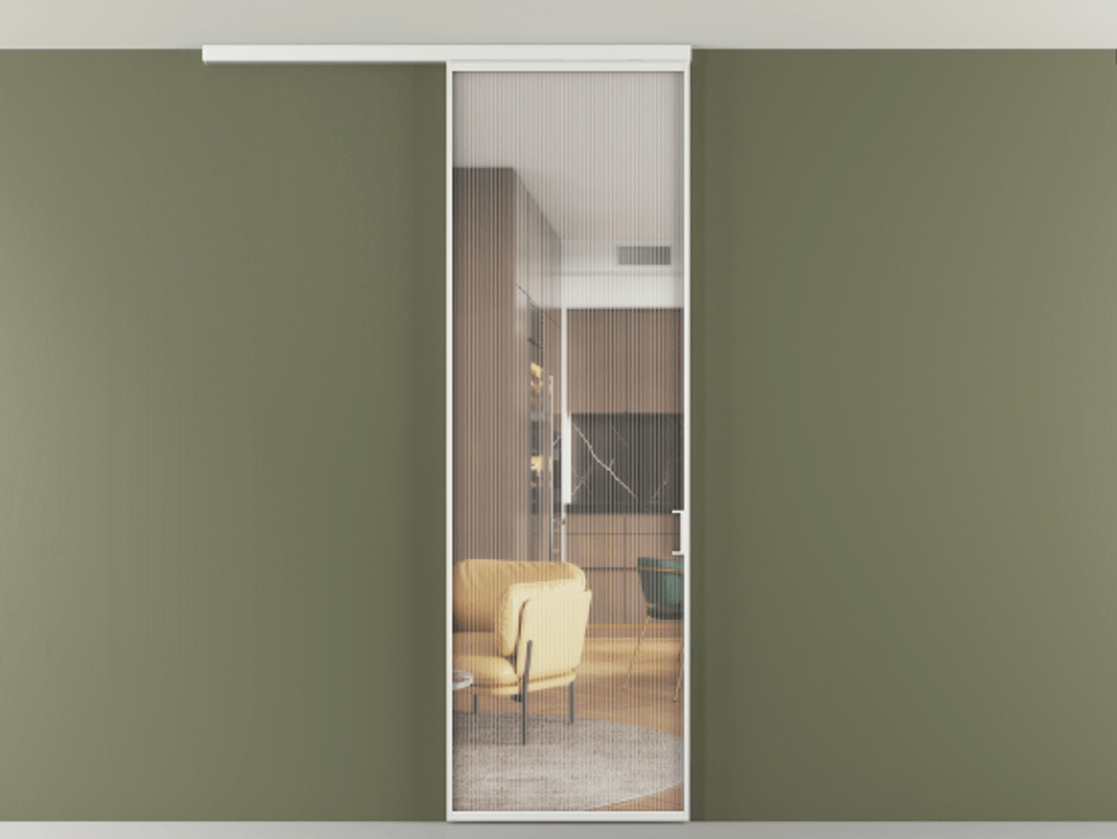 Перегородка Формато вдоль стены на потолок 1 створка АЛПР 040.01 Алюминий белоснежный Рифлёное стекло "Мору", триплекс Цена 5130 AZE | Volhovec