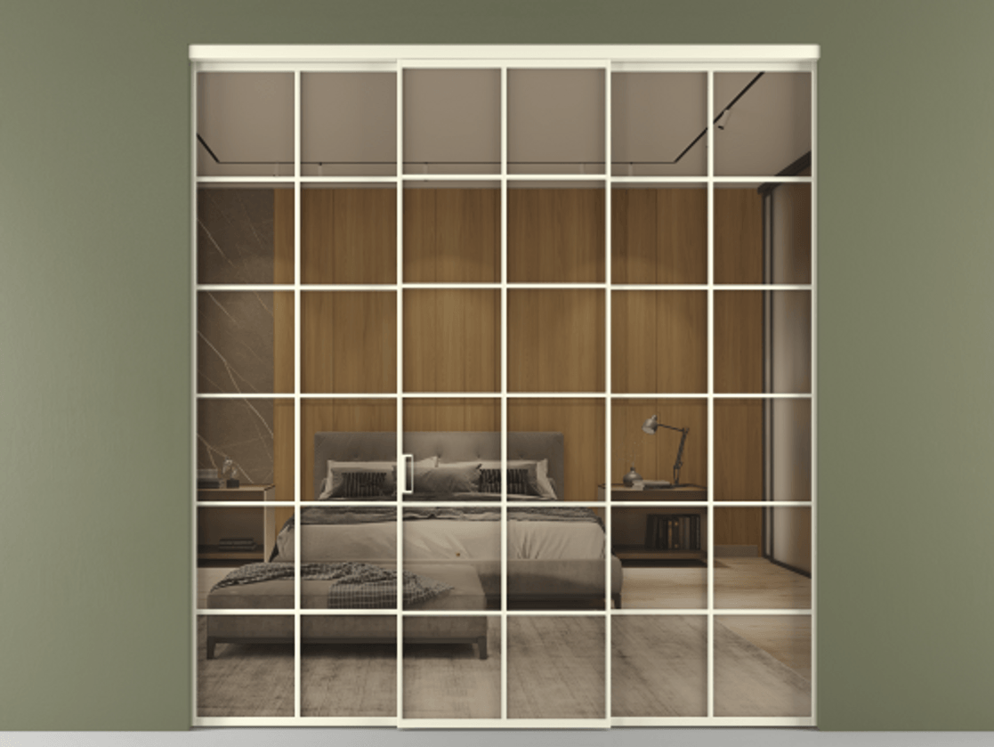 Перегородка Формато внутри проёма 3 створки АЛПР 040.05 Алюминий молочно-белый Рефлективное бронзовое стекло "Стопсол", калёное Цена 17770 AZE | Volhovec