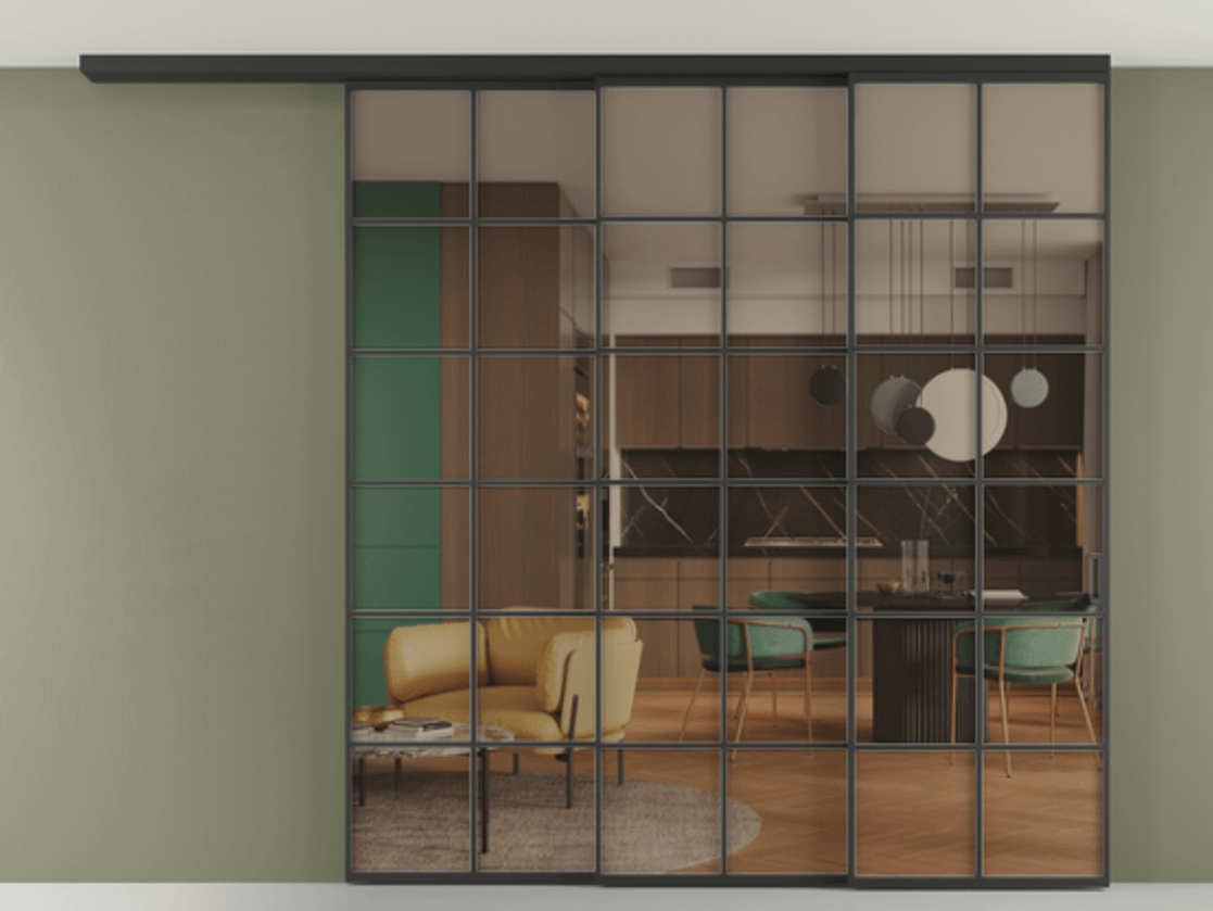 Перегородка Формато вдоль стены на потолок 3 створки с синхронным механизмом АЛПР 040.05 Алюминий Черный Прозрачное бронзовое стекло, триплекс Цена 20010 AZE | Volhovec