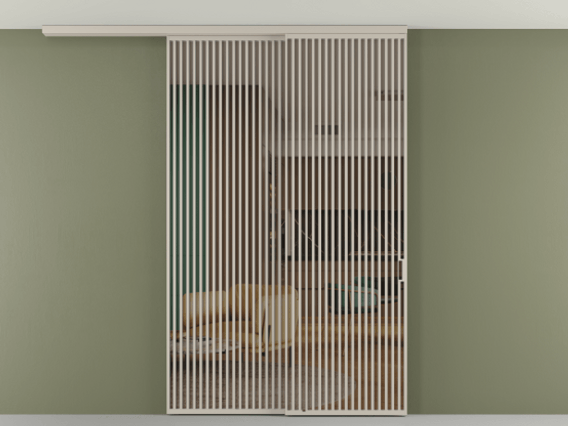 Перегородка Формато вдоль стены на потолок 2 створки с синхронным механизмом АЛПР 040.06 Алюминий светло-бежевый Прозрачное бронзовое стекло, триплекс Цена 23480 AZE | Volhovec