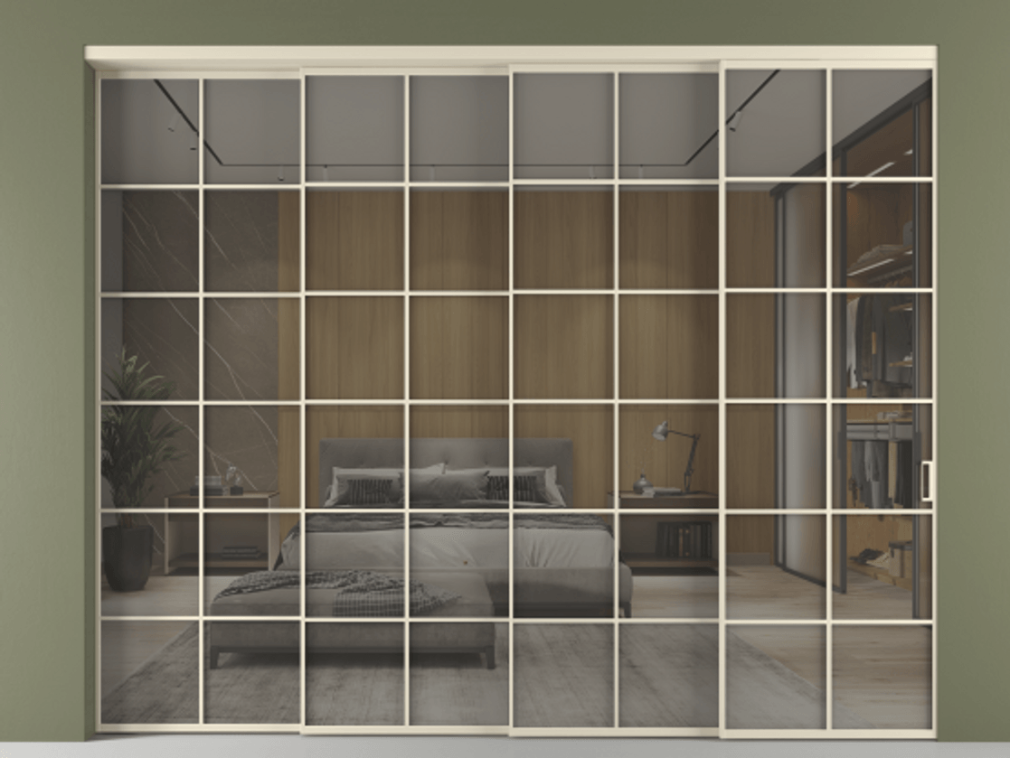 Перегородка Формато внутри проёма 4 створки с синхронным механизмом АЛПР 040.05 Алюминий бежево-серый Рефлективное серое стекло "Стопсол", калёное Цена 26810 AZE | Volhovec