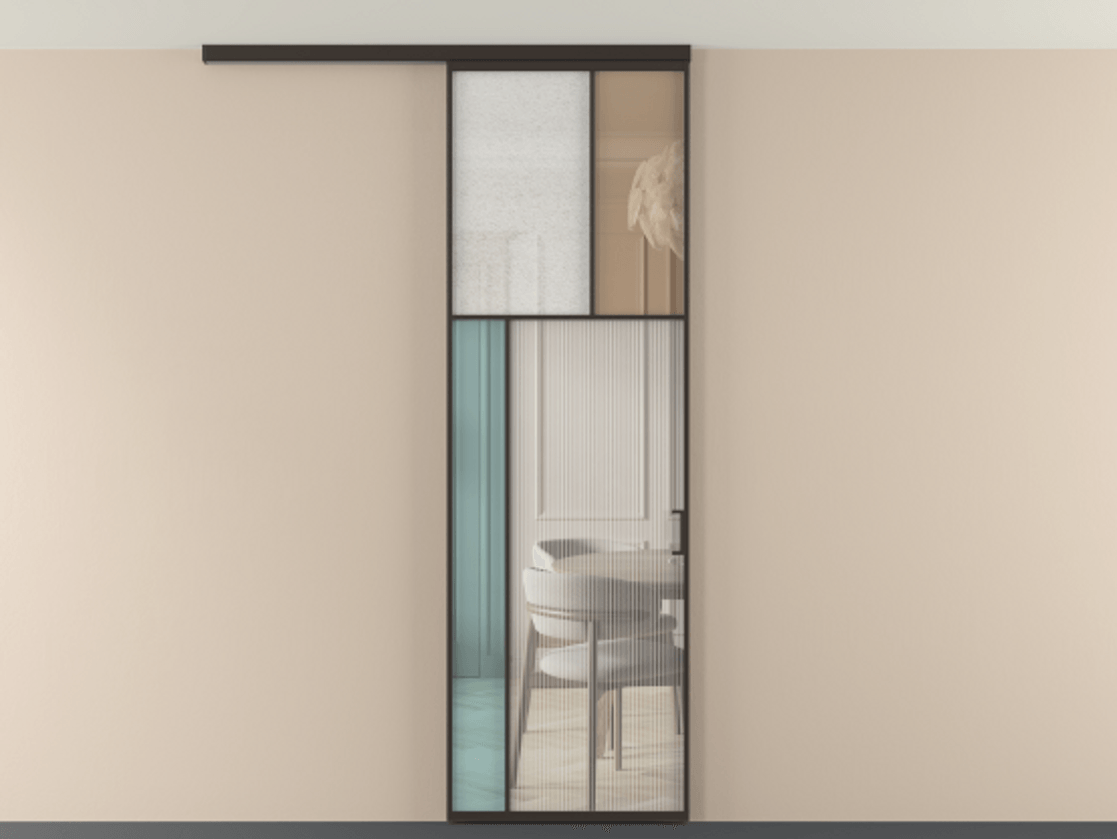 Перегородка Мозаик вдоль стены на потолок 1 створка АЛПР 041.22 Алюминий антрацит Комбинация стекол Группы 1 и Группы 3 Цена 7400 AZE | Volhovec